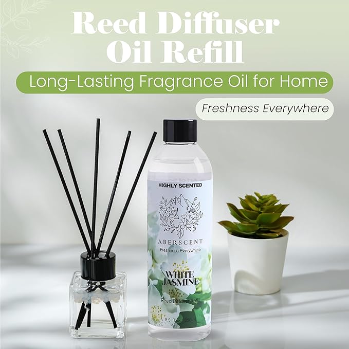 White Jasmine Aberscent Premium Reed Diffuser Oil Refill (8.5 Fl Oz/250ml) – Long-Lasting Fragrance Oil for Home, Office & Spa – Relaxing Scent, Luxury Hotel-Style Aroma