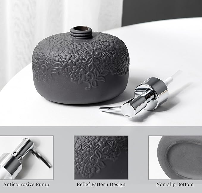 Soap Dispenser, Ceramic Countertop Lotion Dispenser 14oz with Embossed Design, Matte Black Bathroom Refillable Lotion Bottle for Shower Soaps Shampoo Kitchen Organization, ANTIS'S HOME