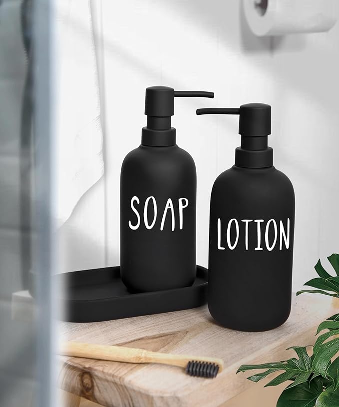 Ceramic Soap Dispenser Set - Elegant Hand Soap Pump with 4 Labels (Soap, Dishes, Lotion, Hands) - Durable & Stylish Design for Kitchen & Bathroom Decor, Refillable Liquid Soap Dispenser