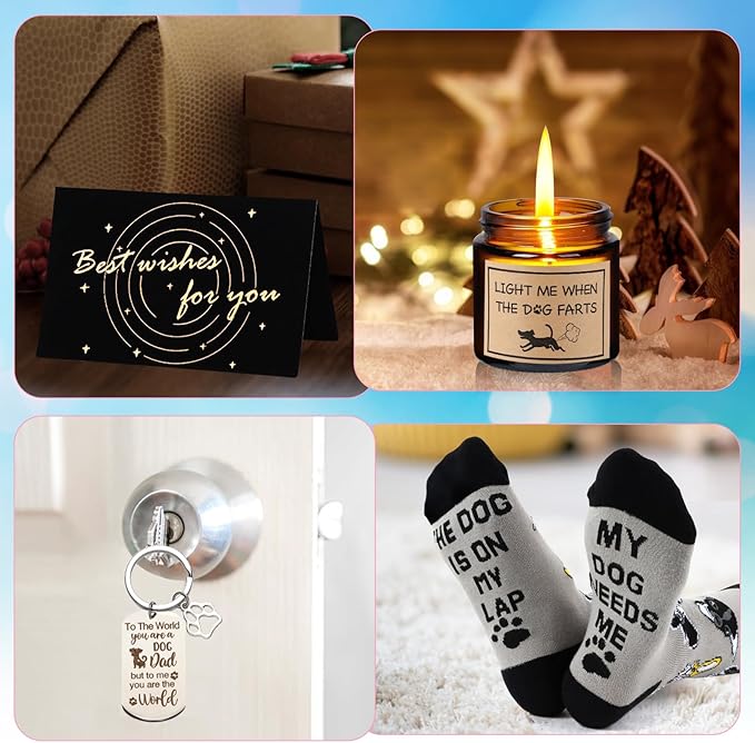 14 Pieces Dog Dad Gifts for Dad for for Men, Dog Gifts for Dog Lovers Including Whiskey Set Socks Keychain Hat Bottle Opener Greeting Cards Sented Candle