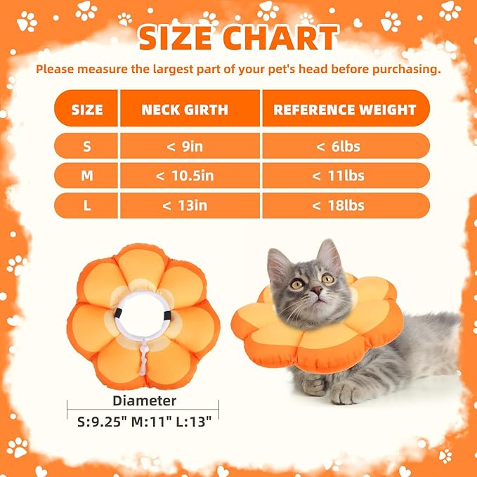 PUPTECK Cat Cone Collar Soft, Adjustable Protective Recovery Flower Collar Alternative, Comfortable Elizabethan Cat Collar Lightweight Stop Licking Neck Cone for Cats After Surgery, Orange, M