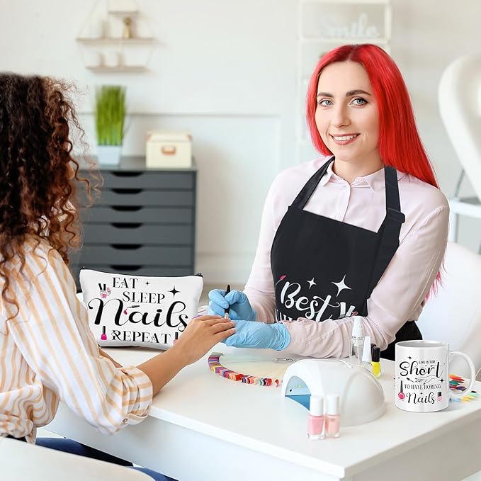 6 Pcs Christmas Nail Technician Gift Set Include Waterproof Oil Proof Apron Mug Keychain Canvas Tote Bag Cosmetic Bag Socks for Women Nail Tech Art Lover Must Haves Manicurist Gift