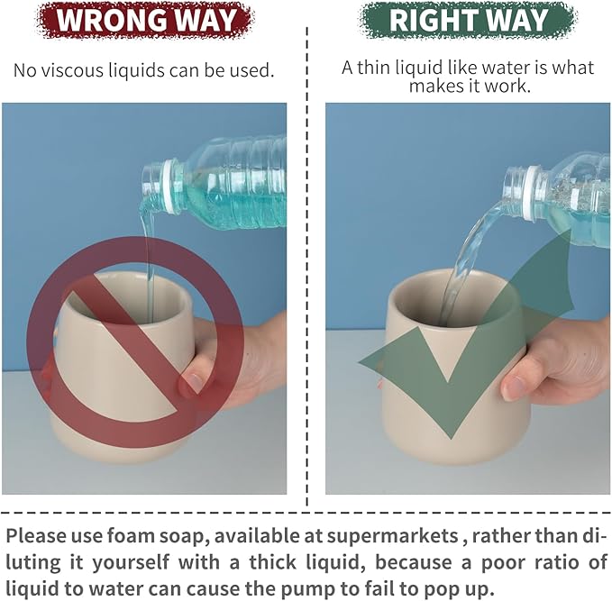 BosilunLife Foam Hand Soap Dispenser - 12 oz Bathroom Lotion Pump for Kitchen and Hand Wash - Khaki Ceramic Dish Liquid Dispenser