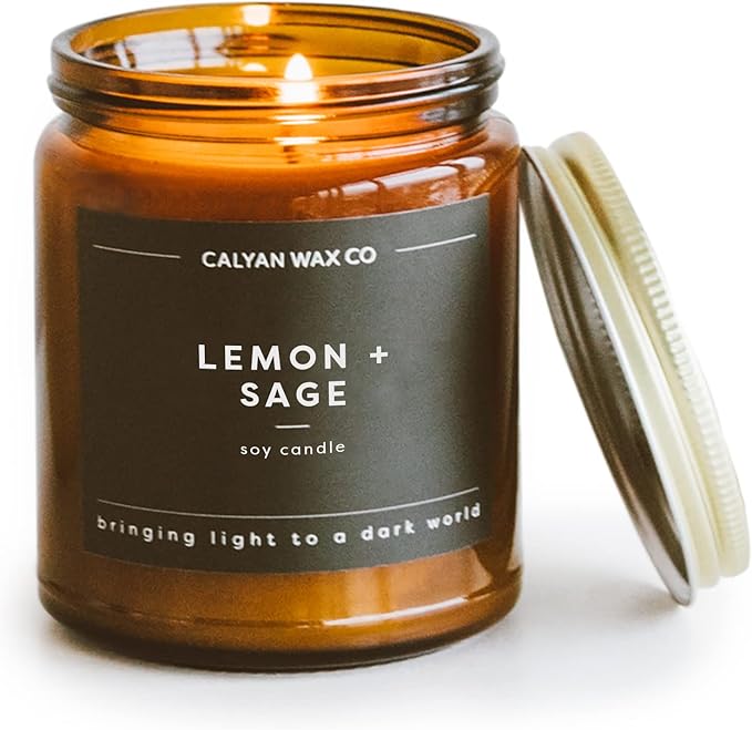Calyan Wax Co. Soy Wax Candle, Lemon + Sage Scented Candle, 57 Hour Burn Time, Aromatherapy Soy Candles, Non Toxic & Vegan Soy Wax, Amber Glass Jar Scented Candles, 7.2oz