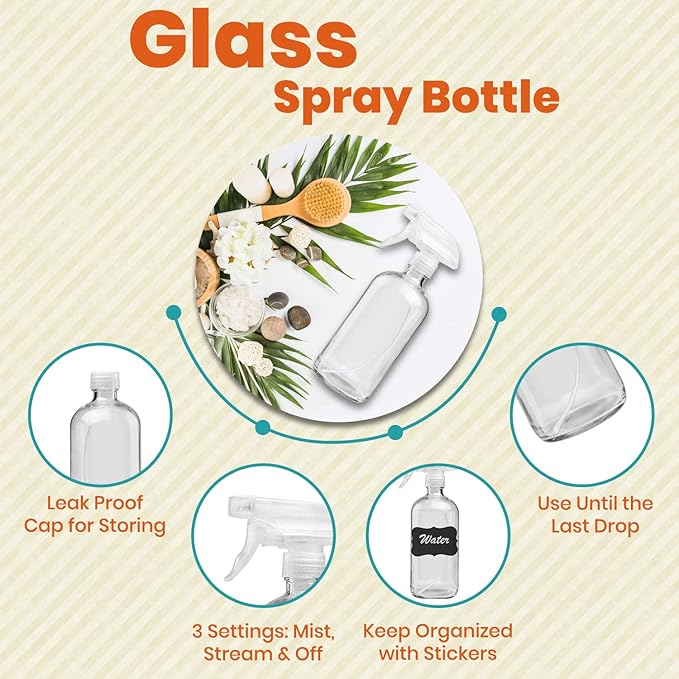 Clear Glass Spray Bottles For Cleaning Solutions (4 Pack) - 16 Ounce, Refillable & Reusable Sprayer for Essential Oil, Water, Kitchen, Hair. Durable Black Trigger Sprayer w/Mist and Stream Settings