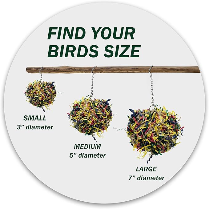 3” Super Shredder Ball Bird Toy - Fun Foraging Toys for Birds w/ Colorful Paper & Wooden Treasures - Easy to Hang Shredding Toys for Birds - Bird Shredding Toys for Cockatiels, Parrots & More