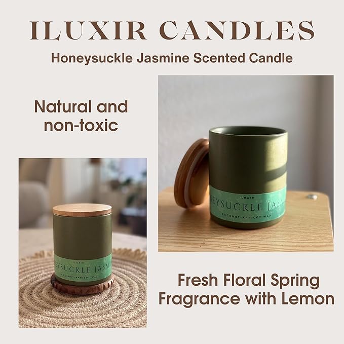 Honeysuckle Jasmine Scented Candle – Long Burning Fresh Floral Spring Fragrance with Lemon, Violet & Wood – Hand-Poured Coconut-Apricot Wax, Non-Toxic, Cruelty-Free – 13 oz with Bamboo Lid