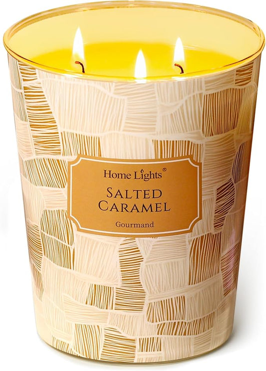 HomeLights Large jar Candle | 3-Wick Long-Lasting Scented Candles, 34oz Natural Soy Wax Candle for Home Scented, Rustic Modern Gifts for Women & Men, Salted Caramel