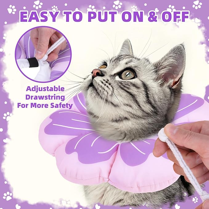 PUPTECK Cat Cone Collar Soft, Adjustable Protective Recovery Flower Collar Alternative, Comfortable Elizabethan Cat Collar Lightweight Stop Licking Neck Cone for Cats After Surgery, Purple, M