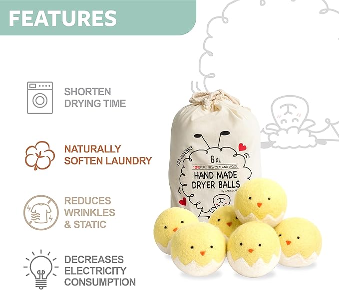 Calindiana 100% Organic Premium New Zealand Wool Dryer Balls Laundry Reusable Fabric Softener, Cute Dryer Sheets Alternative, Anti Static XL Size 6 Pack, Yellow Chick