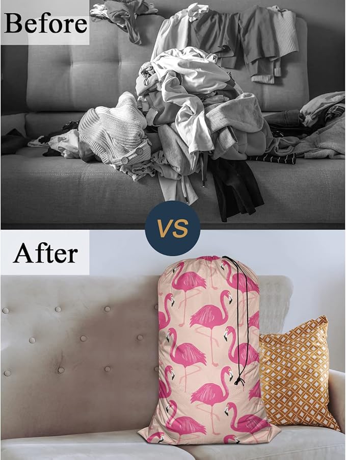 Swono Pink Flamingos Extra Large Laundry Bag with Drawstring Heavy Duty Travel Dirty Clothes Bag for Laundromat Household, Tropical Bird Feather Beak Rip-Stop Laundry Hamper Bag, 28x40 Inch, Wildlife