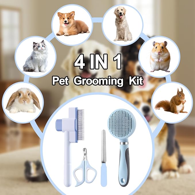 Cat Grooming Kit, 4-in-1 Cat Grooming Tools with Cats Brush, Flea Comb, Nail Clipper & Trimmer - Deshedding & Dematting for Pets Hair and Paws, Pet Shedding Set for Indoor Dogs & Cats (Blue)