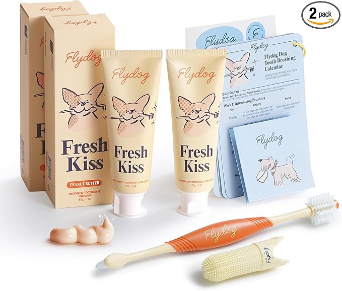 FlyDog Fresh Kiss Dog Tooth Brushing Kit - Vet Approved Formula, Enzymatic Dog Toothpaste and Brush - Breath Freshener & Tartar Remover, 360° Toothbrush & Finger Brush, Dental Guide, Peanut Butter