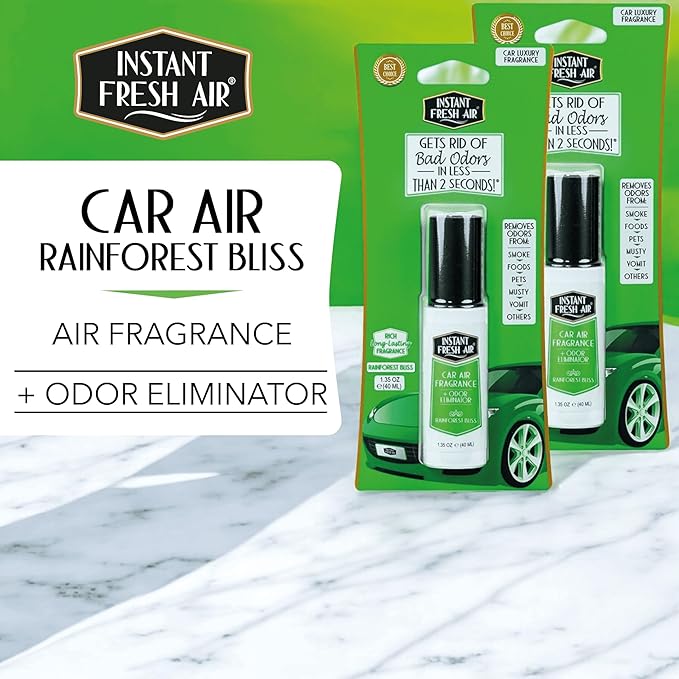 2-Pack: Dual-Action CAR AIR Freshener Rainforest Bliss -Instantly Eliminates Odors from Smoke, Food, Pets in 2 Seconds - For Commuters, Pet Owners, Rideshare Drivers 1.35 Oz. - INSTANT FRESH AIR