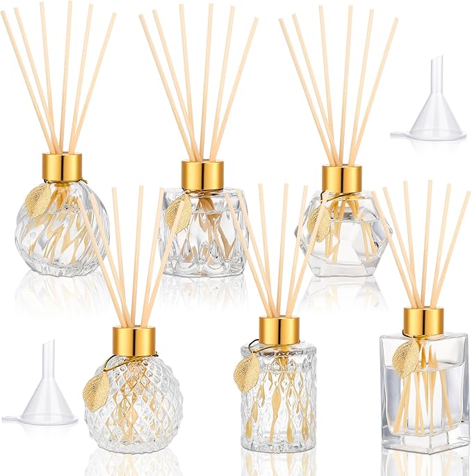 6 Pcs Reed Diffuser Gift Set Empty Reed Diffuser Bottle and 30 Pcs Sticks with Metallic Leaves Decoration Funnels 3.4 oz Fragrance Glass Prismatic Bottles for Essential Oil DIY Home Office, 6 Styles