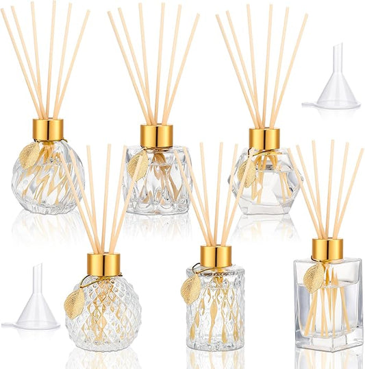 6 Pcs Reed Diffuser Gift Set Empty Reed Diffuser Bottle and 30 Pcs Sticks with Metallic Leaves Decoration Funnels 3.4 oz Fragrance Glass Prismatic Bottles for Essential Oil DIY Home Office, 6 Styles