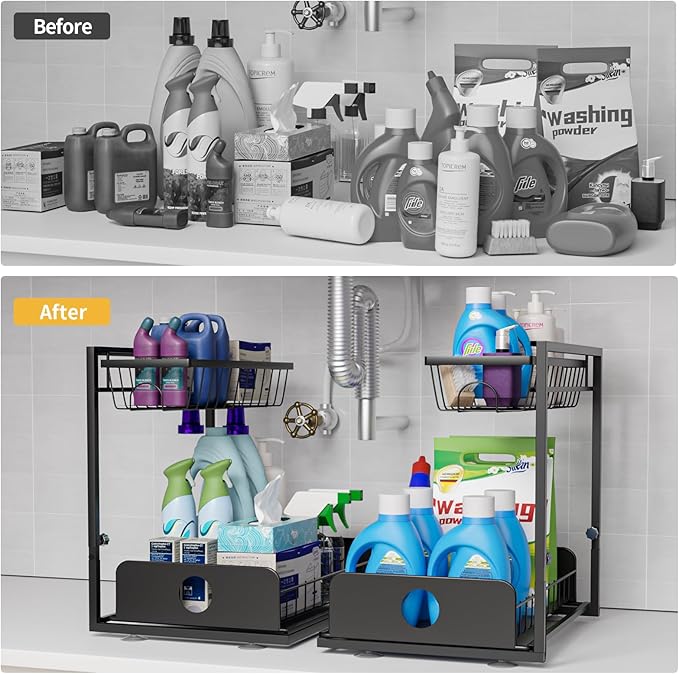 2 Pack Under Sink Organizers, Height Adjustable Under Sink Organizers And Storage, 2 Tier Pull Out Drawer Sturdy Metal Cabinet Organizer For Kitchen Bathroom Pantry