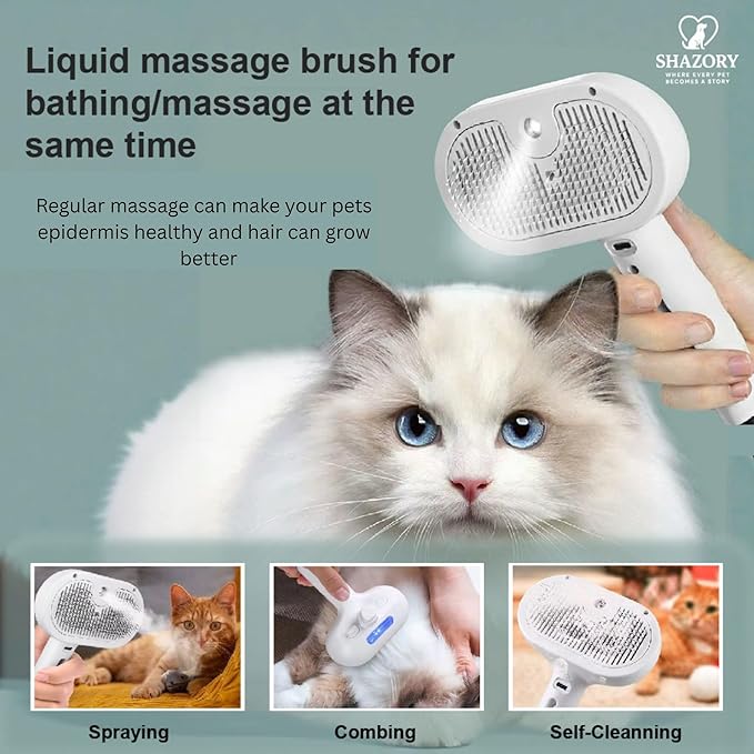 3-in-1 Anti-Static Pet Steam Brush for Dogs & Cats - Steam Clean, Calming Massage & Self-Cleaning Hair Ejection, Quick Heat-Up, USB-C Rechargeable, Low-Noise Deshedding & Dematting - White