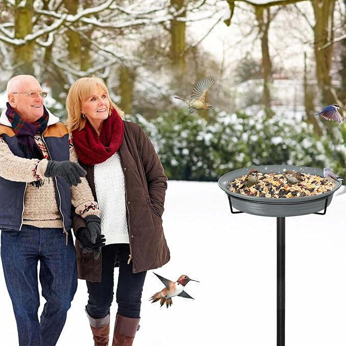 28In Freestanding Birdbaths Bowl Outdoor, Free Standing Garden Bird Bath Bird Feeder Bowl with Metal Stake, Detachable Decoration Spa Birdfeeder for Garden Patio Yard Lawn, 4 Spiky Feet (Grey)