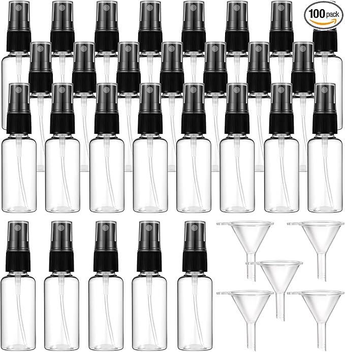 100 Pcs Mini Clear Spray Bottles 1 oz/30ml Clear Fine Mist Spray Bottle with 5 Pcs Funnels Plastic Empty Refillable Spray-Bottle for Cleaning, Plants, Misting, Skin Care