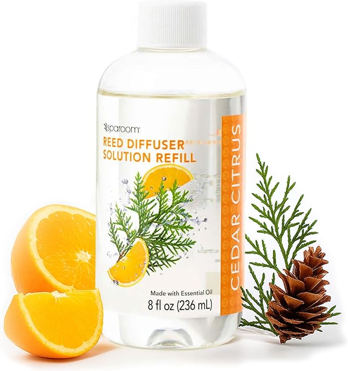 SpaRoom Reed Diffuser Oil Refill – Cedar Citrus Scent, 8oz Bright and Earthy Blend with Lemon Essentials, Invigorating Aroma for Home, Spa, or Office, Long Lasting Fragrance Solution