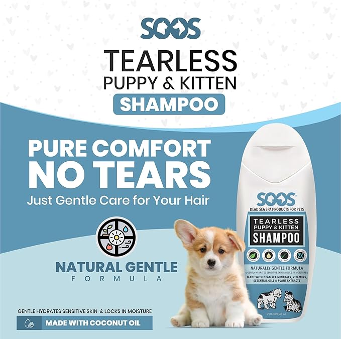 Soos Pet Shampoo Natural Dead Sea Tear-Less Fast Absorbing with Vitamins Minerals for Puppy and Kitten - 1x (250ml / 8.45 oz)