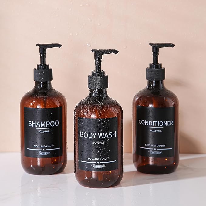 5Pack Amber Shower Bottles Refillable with Labels,16.9oz(500ml) Reusable Shampoo and Conditioner Bottles,Shampoo Dispenser Bottles