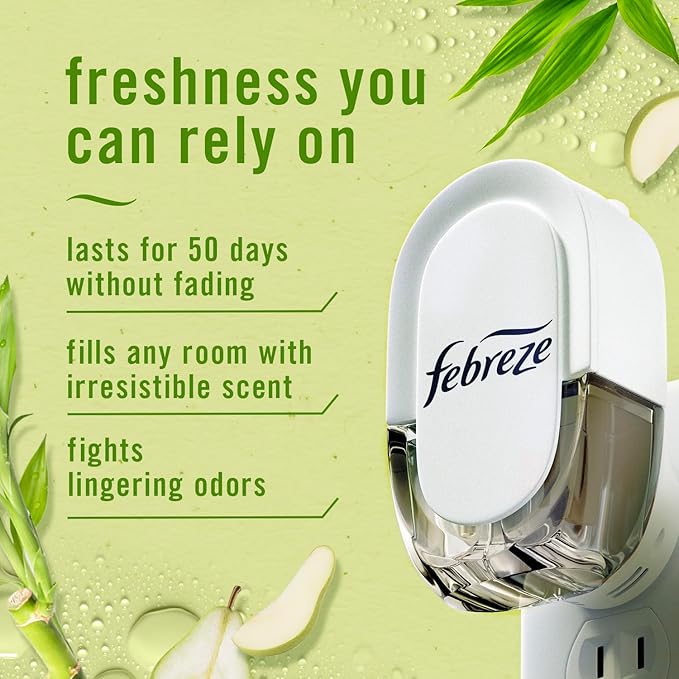 Febreze Plug In Air Freshener, Odor-Fighting Scented Oil Starter Kit, Air Fresheners for Home and Bathroom and Kitchen, Long Lasting for Strong Odors, Bamboo Scent, Warmer + 4 Refill