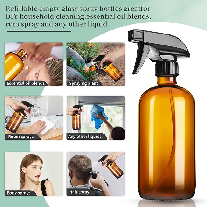 16oz Amber Glass Spray Bottles,4 Pack Glass Spray Bottles Refillable Empty Bottle with Adjustable Nozzle,Spray Bottle for Cleaning,Essential Oils,Cleaning,Pets,Plant, Hair Mister