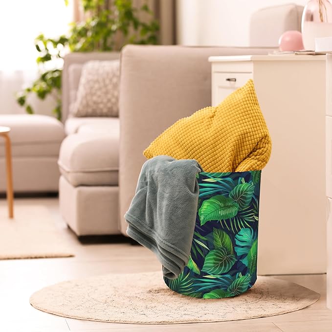 Exotic Tropical Leaves Plants Laundry Basket,Waterproof Foldable Laundry Hamper,Dirty Clothes Laundry Basket, Linen Bin Storage Organizer for Toy Collection 16" x 20"