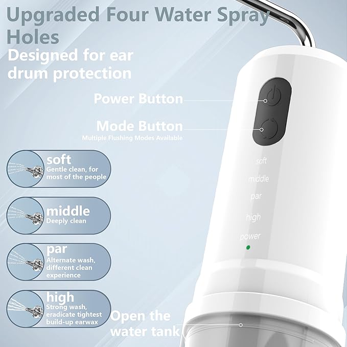 Ear Wax Removal, 2 in 1 Electric Ear Cleaning Kit with 4 Pressure Modes, Portable Water Powered Ear Cleaner with Basin and Nasal Nozzles, Ear Irrigation Flushing System for Adults and Kids, White
