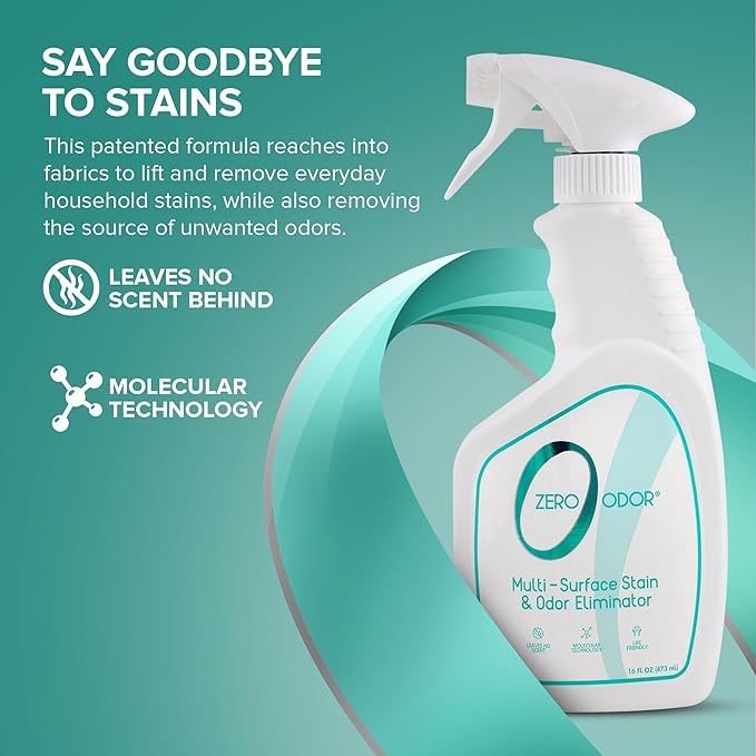 Zero Odor – Multi-Surface Stain Remover & Odor Eliminator - Remove Stains and Odor Patented Molecular Technology Best for Carpet, Rug, Linens, Furniture, Floors, 16oz