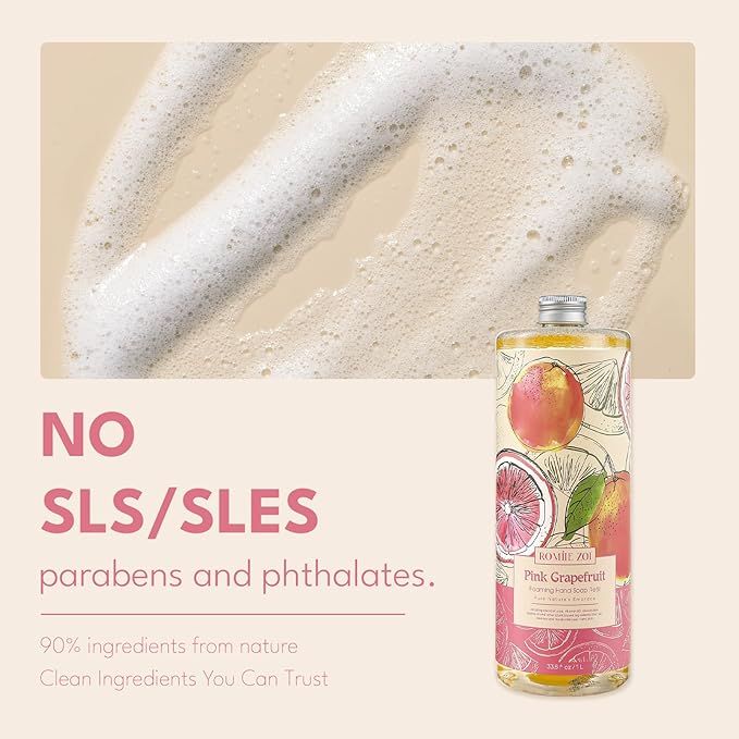 ROMIIE ZOI Foaming Hand Soap Refill Gift Set – 3 Pack *33.8 Fl Oz with Dispenser, Pink Grapefruit Scent–Moisturizing, Biodegradable & Chemical-Free Formula for Bathroom, Kitchen, Sensitive Skin