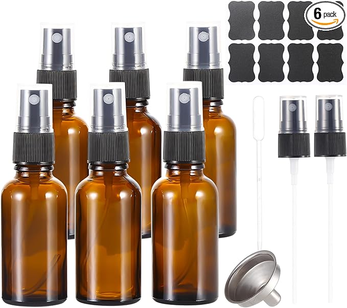 1 oz ml Amber Glass Spray Bottles,Small Empty Fine Mist Refillable Travel Spray Bottle for Cleaning,Perfume,Aromatherapy,Cosmetic Sprays,Hair,Essential Oils with Fine Mist Dispenser（6 Pack）