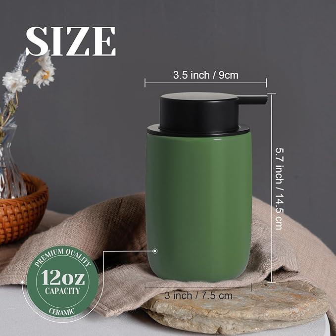 INGOFIN Ceramic Lotion Soap Dispenser Set, 2 Pack (12 oz) Bathroom Hand Soap Dispenser with Pump, Liquid Hand and Dish Soap Dispenser Set, 4 Pcs Clear Stickers, for Kitchen, Bathroom-Olive Green
