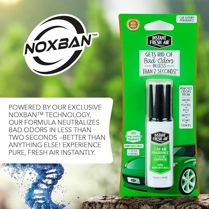 2-Pack: Dual-Action CAR AIR Freshener Rainforest Bliss -Instantly Eliminates Odors from Smoke, Food, Pets in 2 Seconds - For Commuters, Pet Owners, Rideshare Drivers 1.35 Oz. - INSTANT FRESH AIR