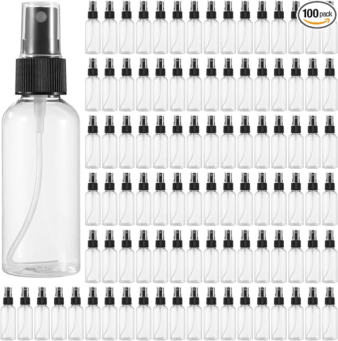 100 PCS Small Spray Bottles 2 oz Bulk - 60 ML Transparent PET Spray Bottles with Black Mist Nozzle Travel-Size, Convenient for Samples Office Home Use