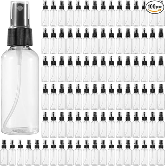 100 PCS Small Spray Bottles 2 oz Bulk - 60 ML Transparent PET Spray Bottles with Black Mist Nozzle Travel-Size, Convenient for Samples Office Home Use