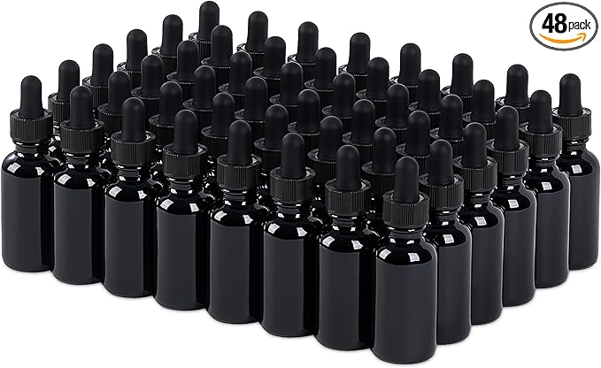 48 Pcs, 1oz Glass Dropper Bottle, Leakproof Tincture Bottles with Dropper, Black Reusable Eye Dropper Bottle for All Kinds of Liquids (Black,1oz-48pcs)