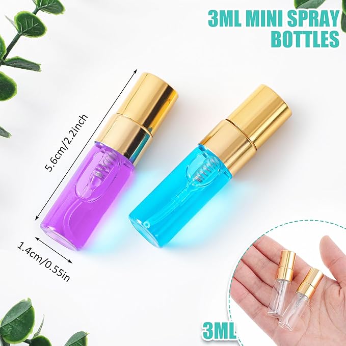 Zhehao 100 Pcs Mini Spray Bottles 3 ml Clear Glass Perfume Bottles Refillable Fine Mist Perfume Atomizer Portable Empty Sample Containers for Cleaning, Essential Oils, Travel (Gold Cap)