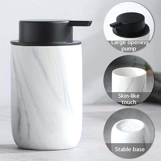 Marble Foaming Soap Dispenser Set - 2 Pack White Marble Ceramic Foam Dish Hand Soap Dispenser with Black Pump for Bathroom, Bathroom Dispenser Set for Modern Home Farmhouse Decor