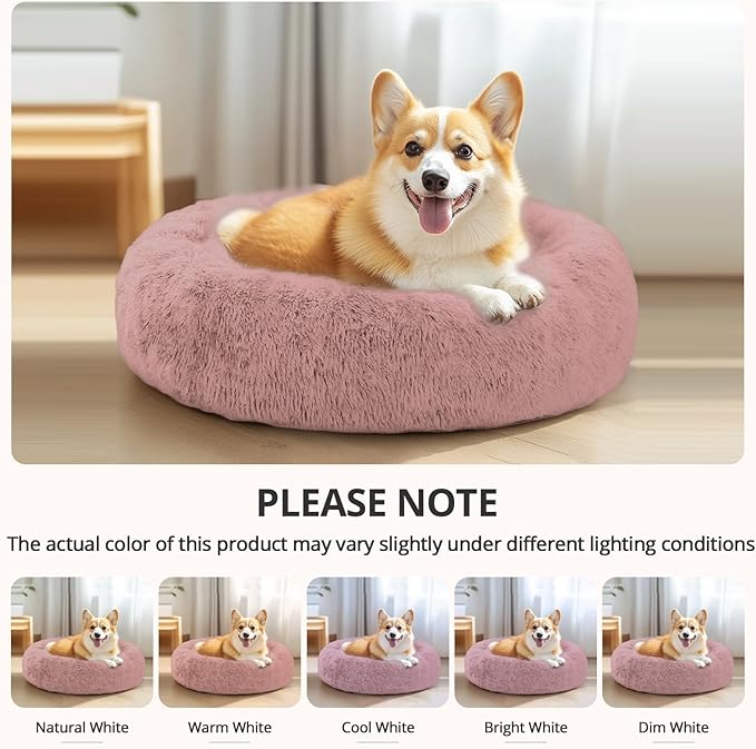 JOLLYVOGUE Small Dog & Cat Beds for Indoor Cats, Donut Cuddler Warming Soft Dog Beds with Anti-Slip Bottom, Round Calming Fluffy Plush Faux Fur Cushion Bed for Small Dogs (23", Dark Pink)