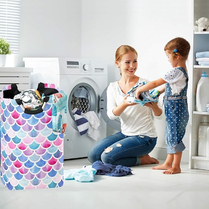 visesunny Collapsible Laundry Basket Mermaid Rainbow Scale Large Laundry Hamper with Handle Toys and Clothing Organization for Bathroom, Bedroom, Home, Dorm, Travel
