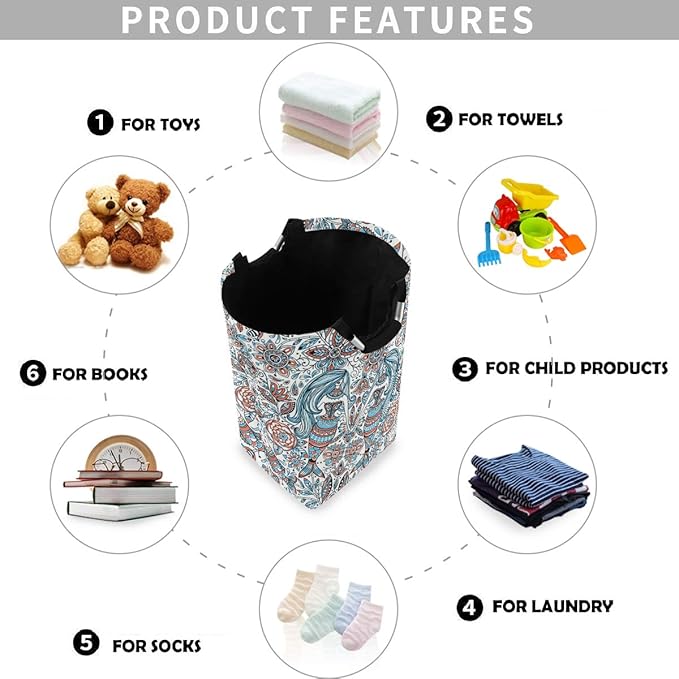 visesunny Collapsible Laundry Basket Vintage Mermaid Floral Large Laundry Hamper Oxford Fabric Dirty Clothes Toy Organizer with Handle For Bathroom Kids Room Dorm