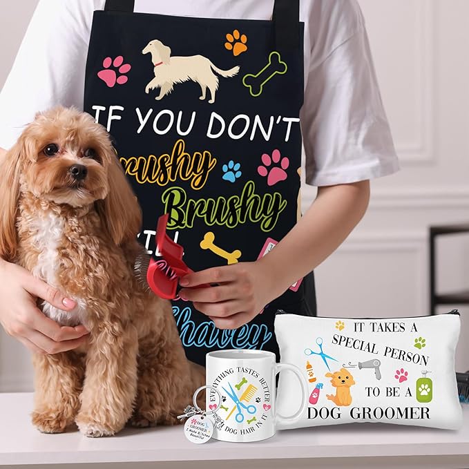 6 Pcs Christmas Dog Groomer Gift Set Include Waterproof Oil Proof Apron Mug Keychain Canvas Tote Bag Cosmetic Bag Socks for Dog Trainer Groomer Birthday Gifts