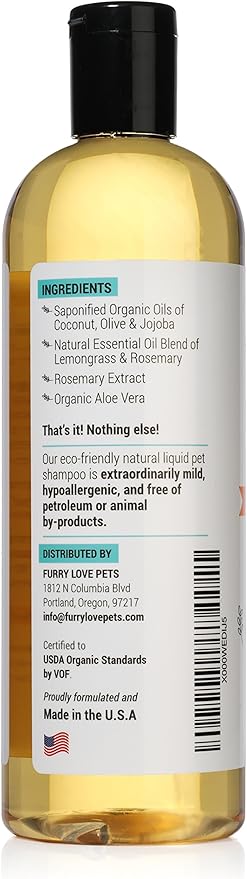 Certified Organic Pet Shampoo Natural Hypoallergenic Non Toxic For Sensitive Itchy Skin For Dogs, Cats, Puppies, Guinea Pigs and Rabbits. Concentrated Formula 16 Ounce