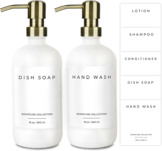 Emerson Soap Dispenser, Dish Soap Dispenser for Kitchen, Soap Dispenser Bathroom Set, Hand Soap Dispenser - Kitchen Soap Dispenser Set, Glass Soap Dispenser with Pump and Labels, 16 Oz, 2 Pack