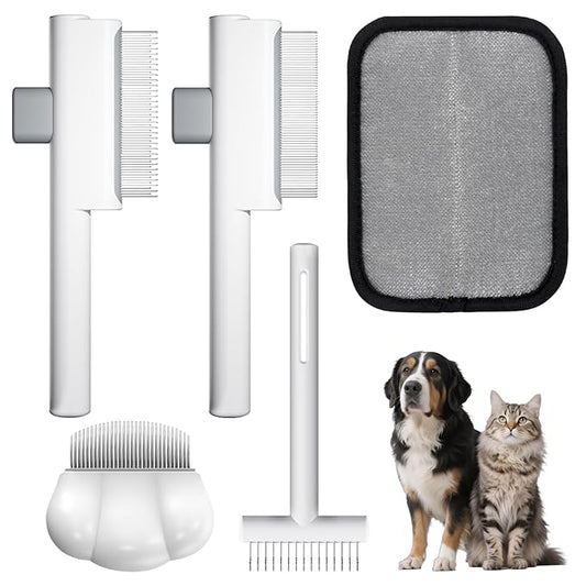 5-in-1 Pet Grooming Kit for Cats and Dogs – Flea Comb, Double-Layer Dense Tooth Comb, Knot Remover & Wave Massage Brush with Stainless Steel Teeth, Non-Slip Handle, Safe for Shedding Removal & Massage