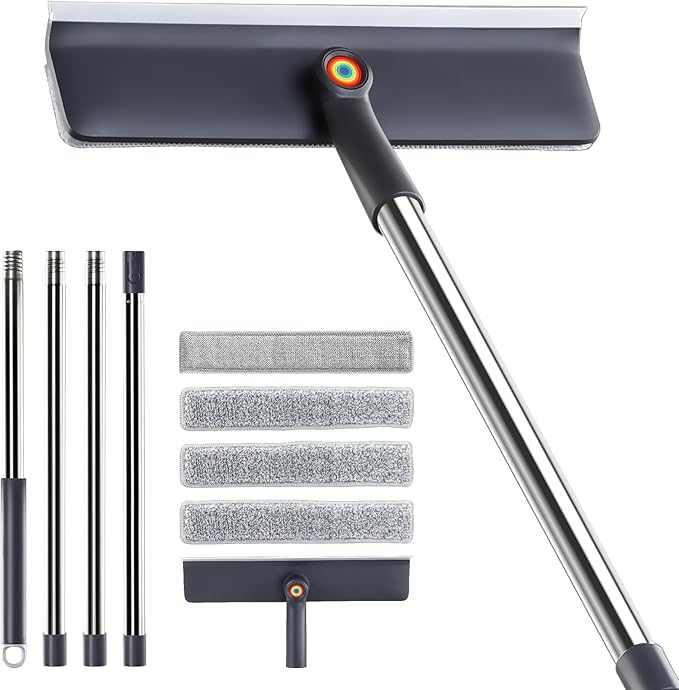Window Cleaning Kit, Rotatable Window Squeegee for Home with 60" Extension Pole for High Windows, 3 Microfiber Cloths, Screen Brush, for Glass Indoor Outdoor