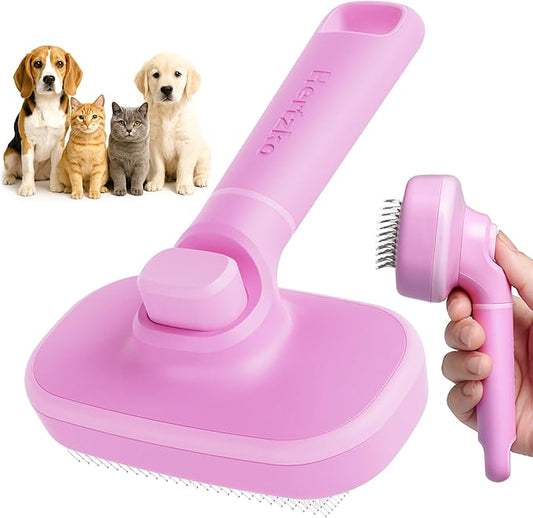 Hertzko Self Cleaning Slicker Brush for Cats & Dogs – Grooming Tool for Shedding Long & Short Hair – Retractable Bristles – Easy-Clean Cat & Dog Deshedding Brush – Painless Detangling - Pink